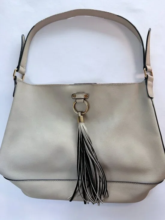 Lulu Dharma Napa Vegan Leather Tassel Hobo Bag Stone Gray Beige Shoulder Handbag - Picture 9 of 14